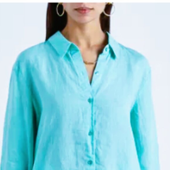 EILEEN FISHER Aqua Blue Organic Irish Linen Tunic Top Side Slits - Large - Picture 3 of 16